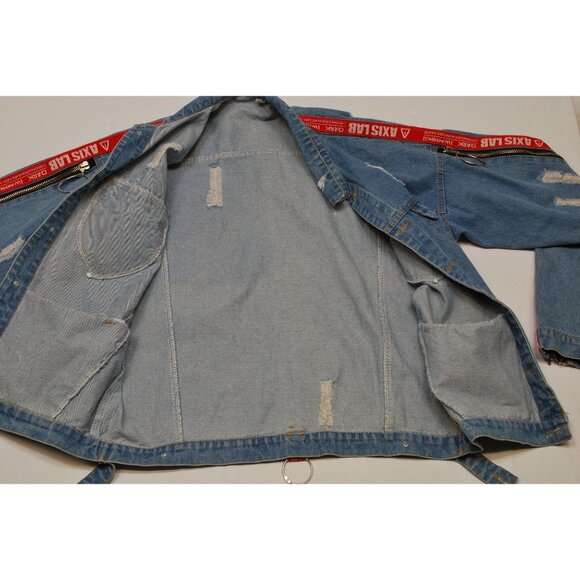 Axis Lab Distressed Ripped Denim Jacket w/Accent Zippers Size Large - Picture 10 of 16